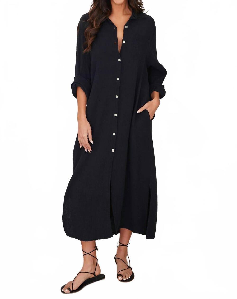NEW MILIO MILANO long sleeve cotton/linen gauze maxi shirt dress in black